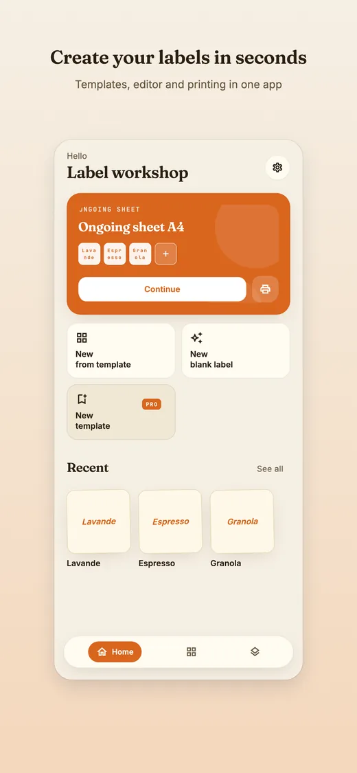 The Stick-it home screen, showing an A4 sheet in progress and recent labels