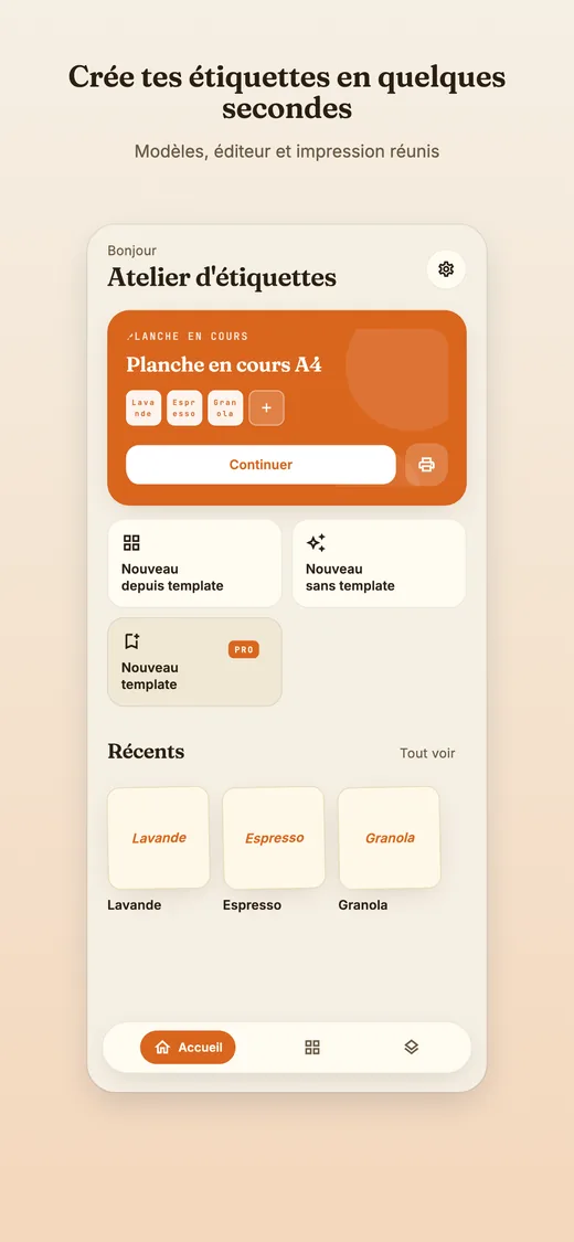 L’écran d’accueil de Stick-it : une planche A4 en cours et des étiquettes récentes